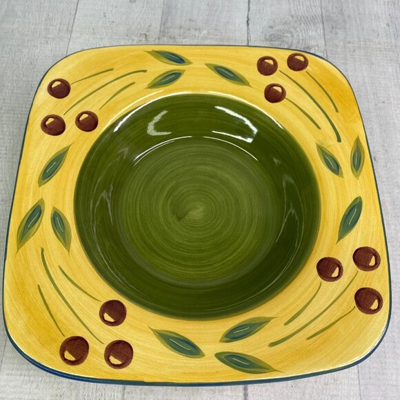 Maxam Sonoma Tuscan Olive Green Center Large Rim Square Ceramic Pasta Bowl Set 2 - Picture 4 of 15